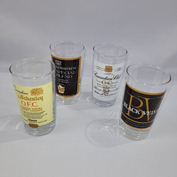 Vintage Whiskey Beer Glass Set 4 Schenley Black Velvet Wisers Canadian Club - Picture 1 of 1
